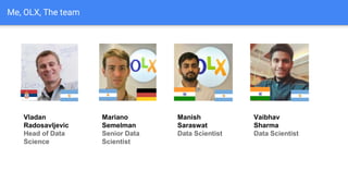 Me, OLX, The team
Vladan
Radosavljevic
Head of Data
Science
Mariano
Semelman
Senior Data
Scientist
Manish
Saraswat
Data Scientist
Vaibhav
Sharma
Data Scientist
 