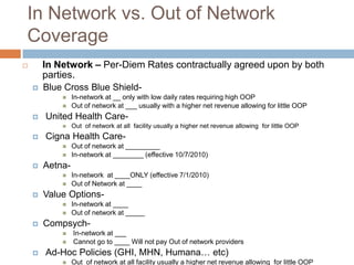 In Network vs. Out of Network CoverageIn Network – Per-Diem Rates contractually agreed upon by both parties. Blue Cross Blue Shield-In-network at __ only with low daily rates requiring high OOPOut of network at ___ usually with a higher net revenue allowing for little OOP United Health Care-Out  of network at all  facility usually a higher net revenue allowing  for little OOP Cigna Health Care-Out of network at _________In-network at ________ (effective 10/7/2010)Aetna-In-network  at ____ONLY (effective 7/1/2010) Out of Network at ____Value Options- In-network at ____Out of network at _____Compsych- In-network at ___ Cannot go to ____ Will not pay Out of network providersAd-Hoc Policies (GHI, MHN, Humana… etc)Out  of network at all facility usually a higher net revenue allowing  for little OOP