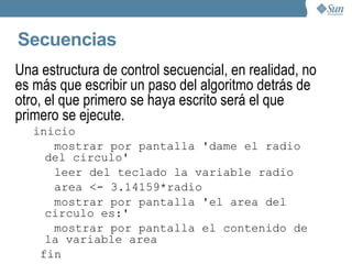 Elementos básicos para describir algoritmos Marcadores de principio fin. Variables: espacios de memoria donde almacenar valores que pueden variar (de ahí su nombre) durante la ejecución del programa.  Tienen un tipo y un valor . Asignaciones: I <- 3 Estructuras de control de flujo. 