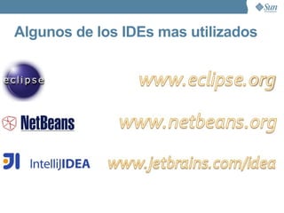 Java Development Kit (JDK) El JDK consiste de: El Java development tools, incluyendo el compilador, debugger y el intérprete Java. Las Java class libraries organizadas como una colección de paquetes. Un número importante de programas de demostración. Varias herramientas de soporte y componentes, incluyendo el código fuente de las clases en la biblioteca. URL :  java.sun.com/javase/downloads 