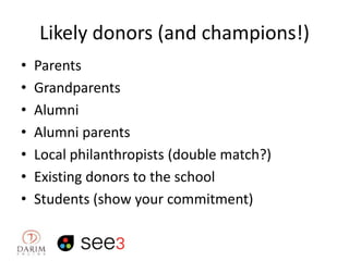Likely donors (and champions!)
•
•
•
•
•
•
•

Parents
Grandparents
Alumni
Alumni parents
Local philanthropists (double match?)
Existing donors to the school
Students (show your commitment)

 