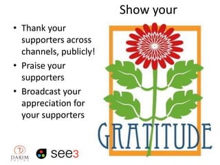 Show your
• Thank your
supporters across
channels, publicly!
• Praise your
supporters
• Broadcast your
appreciation for
your supporters

 