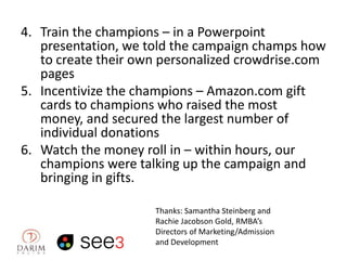 4. Train the champions – in a Powerpoint
presentation, we told the campaign champs how
to create their own personalized crowdrise.com
pages
5. Incentivize the champions – Amazon.com gift
cards to champions who raised the most
money, and secured the largest number of
individual donations
6. Watch the money roll in – within hours, our
champions were talking up the campaign and
bringing in gifts.
Thanks: Samantha Steinberg and
Rachie Jacobson Gold, RMBA’s
Directors of Marketing/Admission
and Development

 