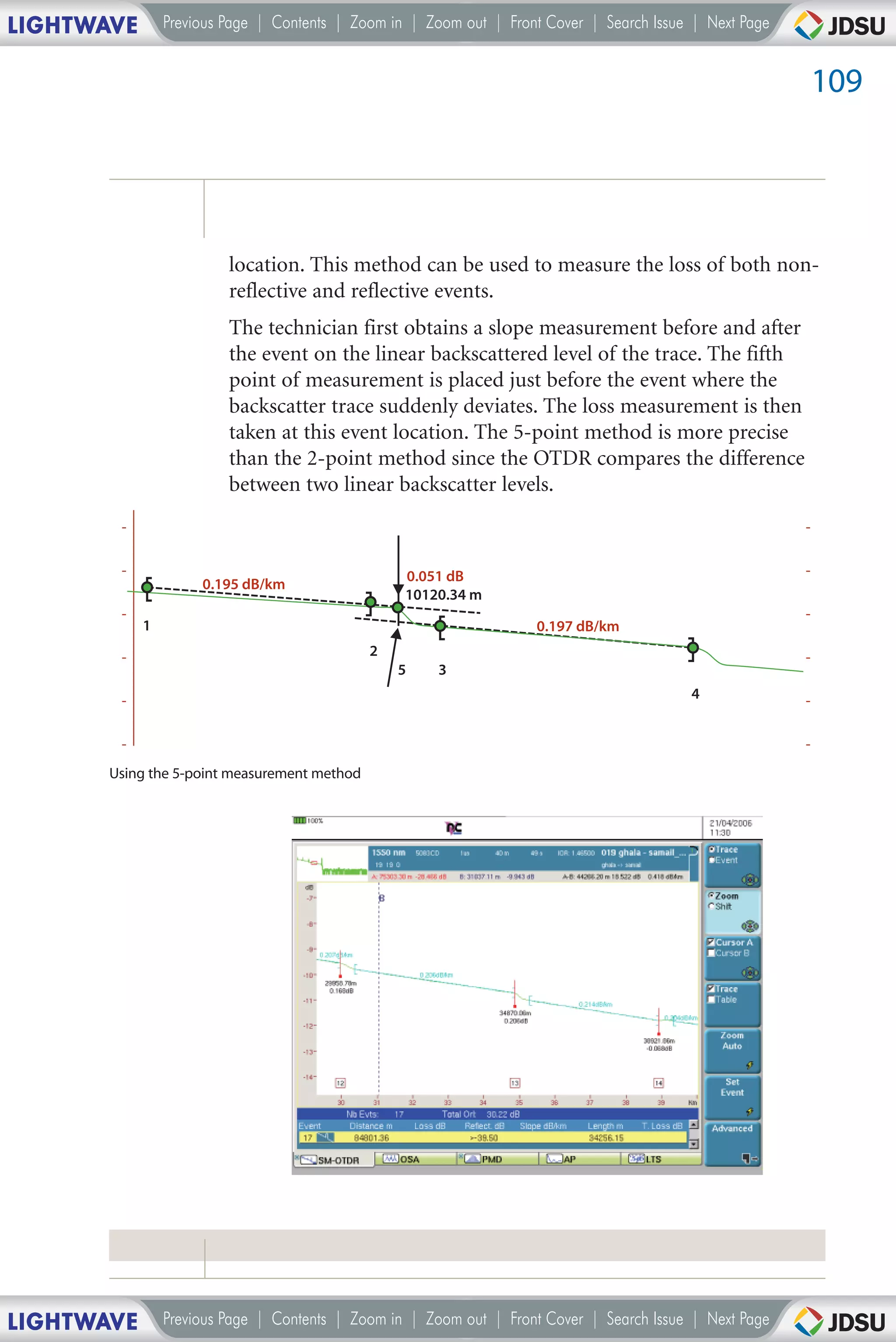 LIGHTWAVE       Previous Page | Contents | Zoom in | Zoom out | Front Cover | Search Issue | Next Page


                                                                                                         109




                         location. This method can be used to measure the loss of both non-
                         reflective and reflective events.
                         The technician first obtains a slope measurement before and after
                         the event on the linear backscattered level of the trace. The fifth
                         point of measurement is placed just before the event where the
                         backscatter trace suddenly deviates. The loss measurement is then
                         taken at this event location. The 5-point method is more precise
                         than the 2-point method since the OTDR compares the difference
                         between two linear backscatter levels.



                                                  0.051 dB
                     0.195 dB/km
                                                  10120.34 m

            1                                                       0.197 dB/km
                                              2
                                                  5    3
                                                                                          4




       Using the 5-point measurement method




LIGHTWAVE       Previous Page | Contents | Zoom in | Zoom out | Front Cover | Search Issue | Next Page
 