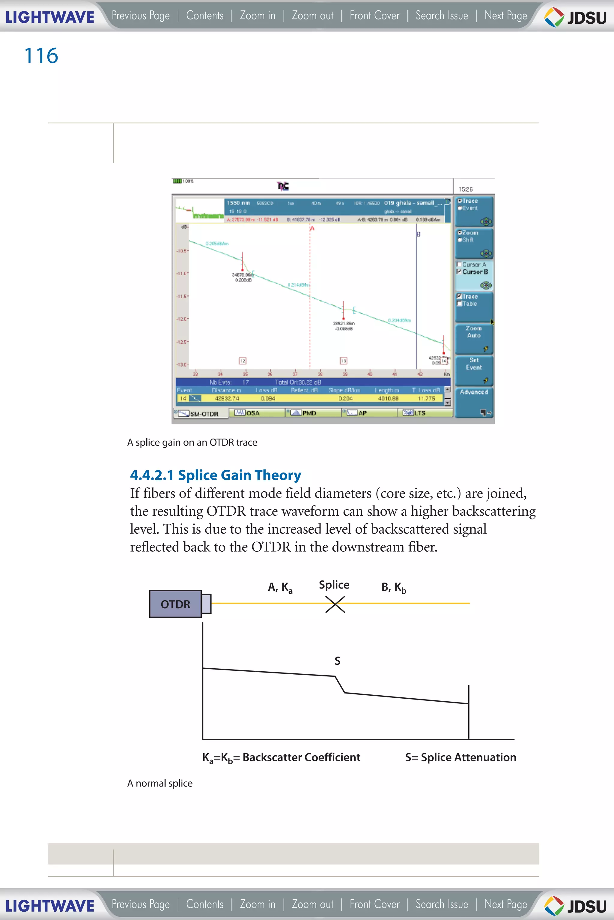 LIGHTWAVE   Previous Page | Contents | Zoom in | Zoom out | Front Cover | Search Issue | Next Page


 116




               A splice gain on an OTDR trace


               4.4.2.1 Splice Gain Theory
               If fibers of different mode field diameters (core size, etc.) are joined,
               the resulting OTDR trace waveform can show a higher backscattering
               level. This is due to the increased level of backscattered signal
               reflected back to the OTDR in the downstream fiber.

                                                A, Ka   Splice     B, Kb
                      OTDR



                                                           S




                                 Ka=Kb= Backscatter Coefficient         S= Splice Attenuation

               A normal splice




LIGHTWAVE   Previous Page | Contents | Zoom in | Zoom out | Front Cover | Search Issue | Next Page
 