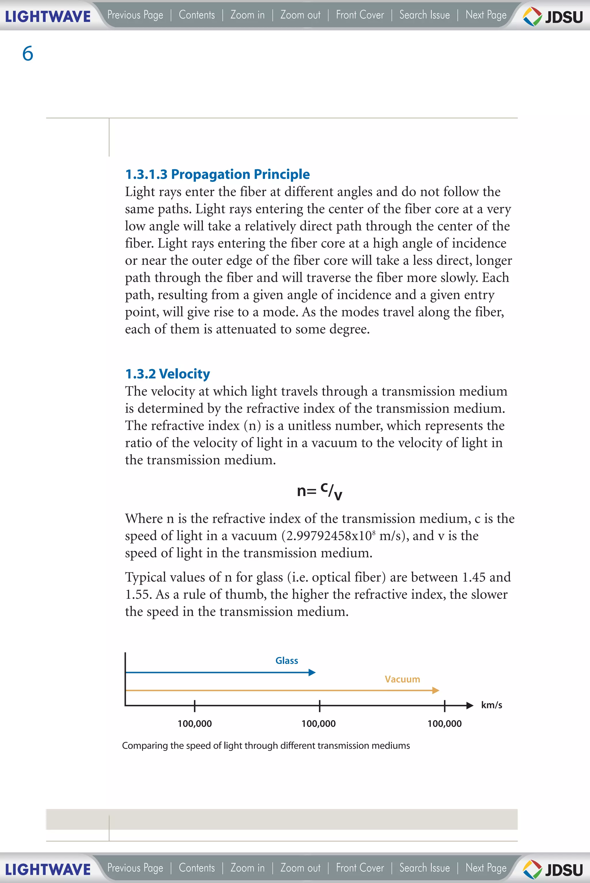 LIGHTWAVE   Previous Page | Contents | Zoom in | Zoom out | Front Cover | Search Issue | Next Page


 6




               1.3.1.3 Propagation Principle
               Light rays enter the fiber at different angles and do not follow the
               same paths. Light rays entering the center of the fiber core at a very
               low angle will take a relatively direct path through the center of the
               fiber. Light rays entering the fiber core at a high angle of incidence
               or near the outer edge of the fiber core will take a less direct, longer
               path through the fiber and will traverse the fiber more slowly. Each
               path, resulting from a given angle of incidence and a given entry
               point, will give rise to a mode. As the modes travel along the fiber,
               each of them is attenuated to some degree.


               1.3.2 Velocity
               The velocity at which light travels through a transmission medium
               is determined by the refractive index of the transmission medium.
               The refractive index (n) is a unitless number, which represents the
               ratio of the velocity of light in a vacuum to the velocity of light in
               the transmission medium.

                                                       n= c/v
               Where n is the refractive index of the transmission medium, c is the
               speed of light in a vacuum (2.99792458x108 m/s), and v is the
               speed of light in the transmission medium.
               Typical values of n for glass (i.e. optical fiber) are between 1.45 and
               1.55. As a rule of thumb, the higher the refractive index, the slower
               the speed in the transmission medium.


                                                  Glass
                                                                            Vacuum

                                                                                               km/s
                           100,000                        100,000                    100,000

               Comparing the speed of light through different transmission mediums




LIGHTWAVE   Previous Page | Contents | Zoom in | Zoom out | Front Cover | Search Issue | Next Page
 