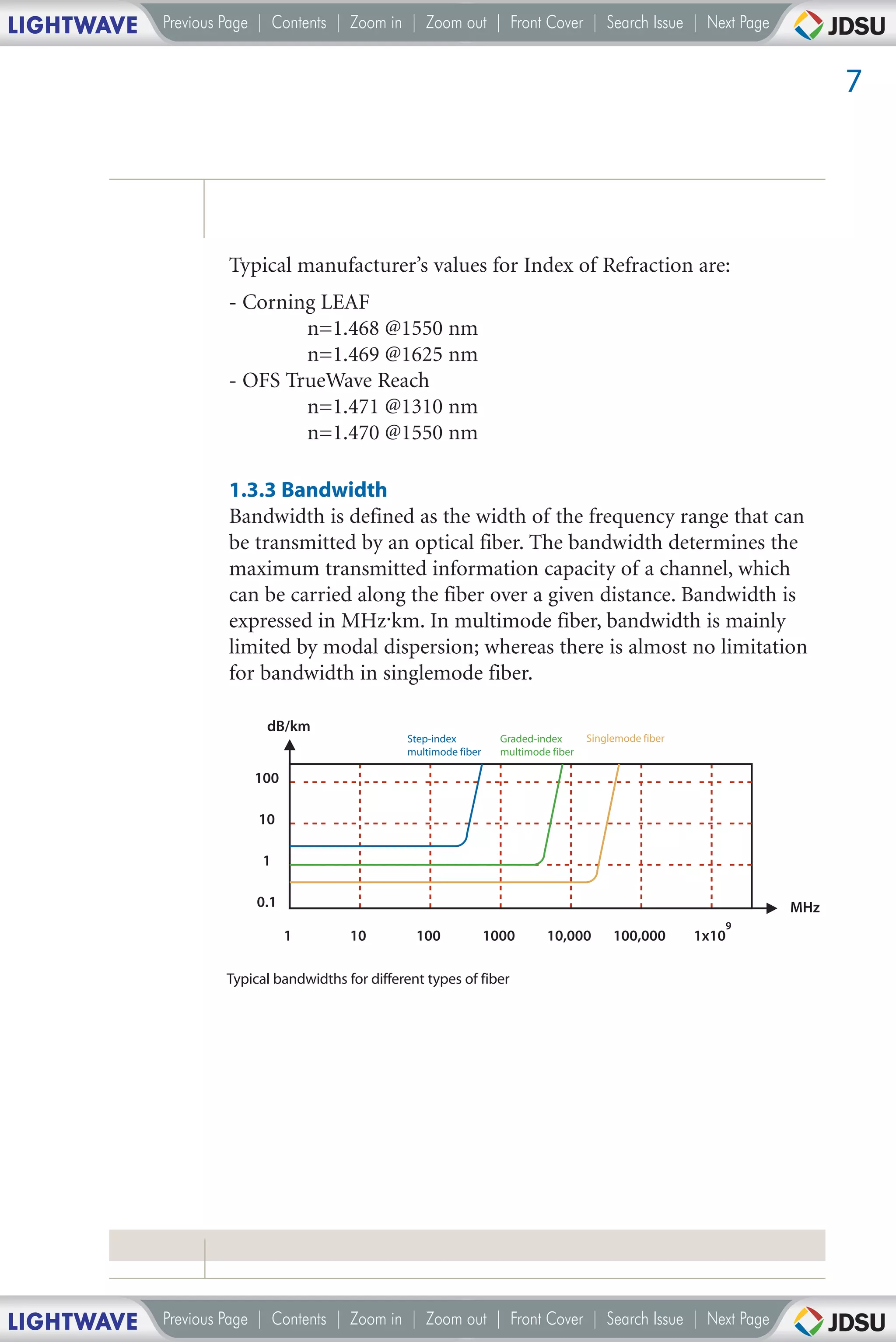 LIGHTWAVE   Previous Page | Contents | Zoom in | Zoom out | Front Cover | Search Issue | Next Page


                                                                                                                         7




                     Typical manufacturer’s values for Index of Refraction are:
                     - Corning LEAF
                             n=1.468 @1550 nm
                             n=1.469 @1625 nm
                     - OFS TrueWave Reach
                             n=1.471 @1310 nm
                             n=1.470 @1550 nm

                     1.3.3 Bandwidth
                     Bandwidth is defined as the width of the frequency range that can
                     be transmitted by an optical fiber. The bandwidth determines the
                     maximum transmitted information capacity of a channel, which
                     can be carried along the fiber over a given distance. Bandwidth is
                     expressed in MHz.km. In multimode fiber, bandwidth is mainly
                     limited by modal dispersion; whereas there is almost no limitation
                     for bandwidth in singlemode fiber.

                           dB/km
                                                   Step-index          Graded-index      Singlemode fiber
                                                   multimode fiber     multimode fiber

                         100

                          10

                          1

                          0.1                                                                                      MHz
                                                                                                               9
                                1        10         100              1000       10,000        100,000       1x10

                     Typical bandwidths for different types of fiber




LIGHTWAVE   Previous Page | Contents | Zoom in | Zoom out | Front Cover | Search Issue | Next Page
 