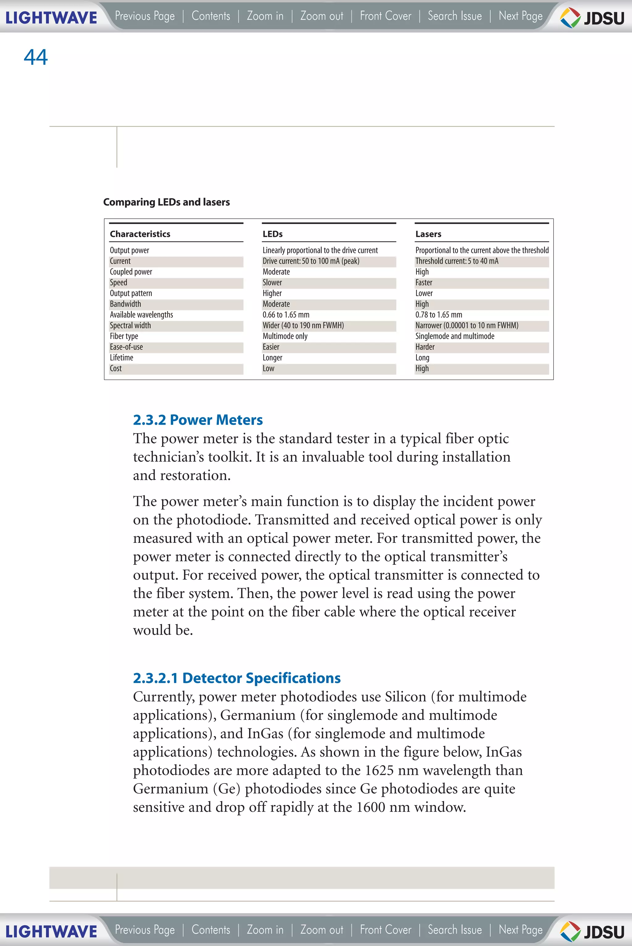 LIGHTWAVE     Previous Page | Contents | Zoom in | Zoom out | Front Cover | Search Issue | Next Page


 44




            Comparing LEDs and lasers

             Characteristics               LEDs                                         Lasers
             Output power                  Linearly proportional to the drive current   Proportional to the current above the threshold
             Current                       Drive current: 50 to 100 mA (peak)           Threshold current: 5 to 40 mA
             Coupled power                 Moderate                                     High
             Speed                         Slower                                       Faster
             Output pattern                Higher                                       Lower
             Bandwidth                     Moderate                                     High
             Available wavelengths         0.66 to 1.65 mm                              0.78 to 1.65 mm
             Spectral width                Wider (40 to 190 nm FWMH)                    Narrower (0.00001 to 10 nm FWHM)
             Fiber type                    Multimode only                               Singlemode and multimode
             Ease-of-use                   Easier                                       Harder
             Lifetime                      Longer                                       Long
             Cost                          Low                                          High




                    2.3.2 Power Meters
                    The power meter is the standard tester in a typical fiber optic
                    technician’s toolkit. It is an invaluable tool during installation
                    and restoration.
                    The power meter’s main function is to display the incident power
                    on the photodiode. Transmitted and received optical power is only
                    measured with an optical power meter. For transmitted power, the
                    power meter is connected directly to the optical transmitter’s
                    output. For received power, the optical transmitter is connected to
                    the fiber system. Then, the power level is read using the power
                    meter at the point on the fiber cable where the optical receiver
                    would be.


                    2.3.2.1 Detector Specifications
                    Currently, power meter photodiodes use Silicon (for multimode
                    applications), Germanium (for singlemode and multimode
                    applications), and InGas (for singlemode and multimode
                    applications) technologies. As shown in the figure below, InGas
                    photodiodes are more adapted to the 1625 nm wavelength than
                    Germanium (Ge) photodiodes since Ge photodiodes are quite
                    sensitive and drop off rapidly at the 1600 nm window.




LIGHTWAVE     Previous Page | Contents | Zoom in | Zoom out | Front Cover | Search Issue | Next Page
 