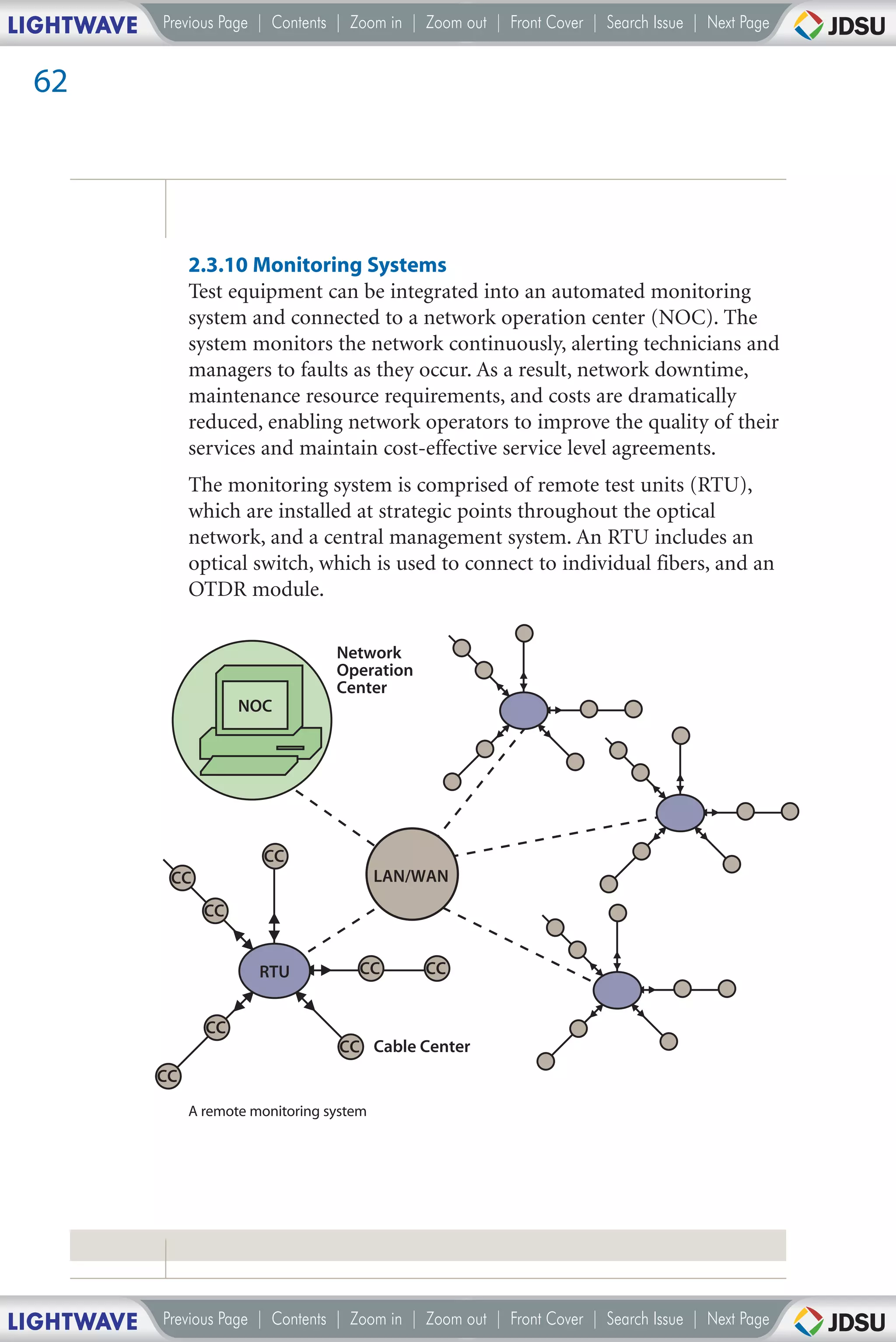 LIGHTWAVE   Previous Page | Contents | Zoom in | Zoom out | Front Cover | Search Issue | Next Page


 62




                 2.3.10 Monitoring Systems
                 Test equipment can be integrated into an automated monitoring
                 system and connected to a network operation center (NOC). The
                 system monitors the network continuously, alerting technicians and
                 managers to faults as they occur. As a result, network downtime,
                 maintenance resource requirements, and costs are dramatically
                 reduced, enabling network operators to improve the quality of their
                 services and maintain cost-effective service level agreements.
                 The monitoring system is comprised of remote test units (RTU),
                 which are installed at strategic points throughout the optical
                 network, and a central management system. An RTU includes an
                 optical switch, which is used to connect to individual fibers, and an
                 OTDR module.

                                      Network
                                      Operation
                                      Center
                        NOC




                           CC
             CC                               LAN/WAN
                   CC


                           RTU           CC       CC


                   CC
                                      CC Cable Center
            CC
                 A remote monitoring system




LIGHTWAVE   Previous Page | Contents | Zoom in | Zoom out | Front Cover | Search Issue | Next Page
 