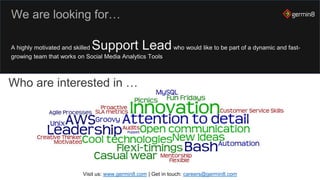 A highly motivated and skilled Support Leadwho would like to be part of a dynamic and fast-
growing team that works on Social Media Analytics Tools
Visit us: www.germin8.com | Get in touch: careers@germin8.com
We are looking for…
Who are interested in …
 