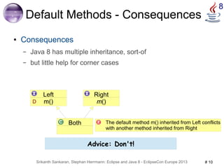 Srikanth Sankaran, Stephan Herrmann: Eclipse and Java 8 - EclipseCon Europe 2013 # 10 
8 
Default Methods - Consequences 
● Consequences 
– Java 8 has multiple inheritance, sort-of 
– but little help for corner cases 
Both 
Left 
D m() 
Right 
m() 
The default method m() inherited from Left conflicts 
with another method inherited from Right 
Advice: Don't! 
 