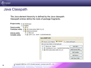 Java Classpath
        The Java element hierarchy is defined by the Java classpath:
        Classpath entries define the roots of package fragments.




             Copyright © IBM Corp., 2010. All rights reserved. Licensed under EPL, v1.0.
10
 