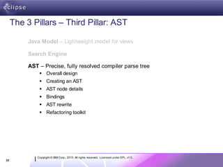 The 3 Pillars – Third Pillar: AST

          Java Model – Lightweight model for views

          Search Engine

          AST – Precise, fully resolved compiler parse tree
               Overall design
               Creating an AST
               AST node details
               Bindings
               AST rewrite
               Refactoring toolkit




             Copyright © IBM Corp., 2010. All rights reserved. Licensed under EPL, v1.0.
31
 