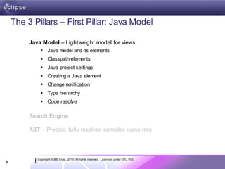 The 3 Pillars – First Pillar: Java Model

         Java Model – Lightweight model for views
               Java model and its elements
               Classpath elements
               Java project settings
               Creating a Java element
               Change notification
               Type hierarchy
               Code resolve

         Search Engine

         AST – Precise, fully resolved compiler parse tree




            Copyright © IBM Corp., 2010. All rights reserved. Licensed under EPL, v1.0.
5
 