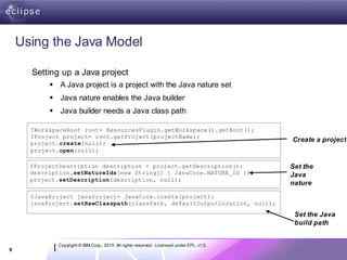 Using the Java Model

      Setting up a Java project
            A Java project is a project with the Java nature set
            Java nature enables the Java builder
            Java builder needs a Java class path

      IWorkspaceRoot root= ResourcesPlugin.getWorkspace().getRoot();
      IProject project= root.getProject(projectName);
      project.create(null);
                                                                                           Create a project
      project.open(null);

      IProjectDescription description = project.getDescription();                          Set the
      description.setNatureIds(new String[] { JavaCore.NATURE_ID });                       Java
      project.setDescription(description, null);
                                                                                           nature
      IJavaProject javaProject= JavaCore.create(project);
      javaProject.setRawClasspath(classPath, defaultOutputLocation, null);

                                                                                            Set the Java
                                                                                            build path


             Copyright © IBM Corp., 2010. All rights reserved. Licensed under EPL, v1.0.
9
 