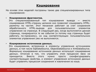 http://www.slideshare.net/IgorShkulipa 19
Кэширование
На основе этих моделей построены также два специализированных типа
кэширования:
• Кэширование фрагментов.
Это специализированный тип кэширования вывода — вместо
кэширования HTML-страниц целиком оно позволяет кэшировать HTML-
разметку по частям. Этот механизм работает за счет сохранения
обработанного HTML-вывода для пользовательских элементов
управления на странице. В следующий раз, когда выполняется данная
страница, генерируются те же события (и потому код страницы будет
работать по-прежнему), но код соответствующих пользовательских
элементов управления уже не выполняется.
• Кэширование источников данных.
Это кэширование, встроенное в элементы управления источниками
данных, в том числе SqlDataSource, ObjectDataSource и XmlDataSource.
Формально кэширование источников данных использует кэширование
данных. Отличие в том, что управлять этим процессом явно не
приходится. Вместо этого нужно просто сконфигурировать
соответствующие свойства, и элемент управления источником данных
будет управлять процессом сохранения и извлечения из кэша.
 