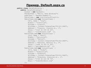 http://www.slideshare.net/IgorShkulipa 28
Пример. Default.aspx.cs
public class DataForBinding {
public DataForBinding() {
random = new Random();
TextBoxText = "Hello, Data Binding!";
LabelText = "Random Number:";
TableItems = new List<ContactClass>();
TableItems.Add(new ContactClass {
ID=1, Name = "Ivan",
Middle = "Ivanovich",
Surname = "Ivanov",
Birthday = Convert.ToDateTime("01/01/1980"),
Address = "Ivanovo, Ivanova st., 1",
Phone = "+123 45 678 90 00",
Email = "ivan@ivanov.com" });
TableItems.Add(new ContactClass {
ID=2, Name = "Petr",
Middle = "Petrovich",
Surname = "Petrov",
Birthday = Convert.ToDateTime("02/02/1980"),
Address = "Petrovo, Petrova st., 2",
Phone = "+098 76 543 21 00",
Email = "petr@petrov.ua" });
TableItems.Add(new ContactClass {
ID=3, Name = "Sidor",
Middle = "Sidorovich",
Surname = "Sidorov",
Birthday = Convert.ToDateTime("03/03/1980"),
Address = "Sidorovo, Sidorova st., 1",
Phone = "+765 43 210 98 76",
Email = "sidor@sidorov.org"
});
}
 
