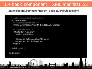 1.4 basic component – XML manifest 1/2 
20 
/administrator/components/com_db8locate/db8locate.xml 
<?xml version="1.0" encoding="utf-8"?> 
<extension version="3.2" type="component" method="upgrade"> 
<name>db8 locate</name> 
<author>Peter Martin</author> 
<creationDate>12 September 2014</creationDate> 
<copyright>Copyright (C) 2014 Peter Martin / db8.nl</copyright> 
<license>GNU General Public License version 2</license> 
<authorEmail>joomla@db8.nl</authorEmail> 
<version>1.0.1</version> 
<description>Component to manage and display locations on a Google Map</description> 
<!-- SQL query files to execute on installation --> 
<install> 
● <sql> 
● <file driver="mysql" charset="utf8">sql/install/mysql/install.sql</file> 
● <file driver="mysql">sql/install/mysql/install.sql</file> 
● 
● <file driver="mysqli" charset="utf8">sql/install/mysql/install.sql</file> 
● <file driver="mysqli">sql/install/mysql/install.sql</file> 
● </sql> 
● </install> 
JJoooommllaaddaayy UUKK 22001144 
 