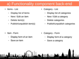 4 
a) Functionality component back-end 
● Items - List 
– Display list of items 
– New / Edit an item 
– Delete item(s) 
– Publish/unpublish item(s) 
JJoooommllaaddaayy UUKK 22001144 
● Category - List 
– Display list of categories 
– New / Edit a category 
– Delete categories 
– Publish/unpublish categories 
● Category - Form 
– Display form of a category 
– Save a category 
● Item - Form 
– Display form of an item 
– Save an item 
 