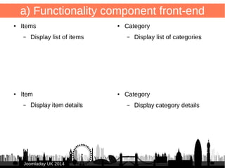 5 
a) Functionality component front-end 
● Items 
– Display list of items 
JJoooommllaaddaayy UUKK 22001144 
● Category 
– Display list of categories 
● Category 
– Display category details 
● Item 
– Display item details 
 