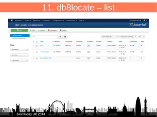 72 
11. db8locate – database field 
Add your own fields to database 
ALTER TABLE `jos_db8locate_items` 
● ADD `location` VARCHAR( 60 ) NOT NULL , 
● ADD `address` VARCHAR( 50 ) NOT NULL , 
● ADD `postcode` VARCHAR( 12 ) NOT NULL , 
● ADD `city` VARCHAR( 50 ) NOT NULL , 
● ADD `region` VARCHAR( 50 ) NOT NULL , 
● ADD `country` VARCHAR( 50 ) NOT NULL , 
● ADD `latitude` VARCHAR( 10 ) NOT NULL , 
● ADD `longitude` VARCHAR( 10 ) NOT NULL , 
● ADD `website` VARCHAR( 100 ) NOT NULL 
JJoooommllaaddaayy UUKK 22001144 
 