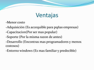 Ventajas
-Menor costo
-Adquisición (Es accequible para pqñas empresas)
-Capacitacion(Por ser mas popular)
-Soporte (Por la misma razon de antes)
-Desarrollo (Encontras mas programadores y menos
costosos)
-Entorno windows (Es mas familiar y predecible)
 