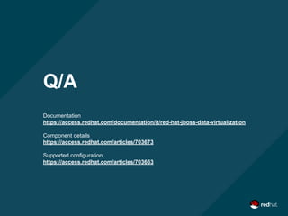 Q/A
Documentation
https://access.redhat.com/documentation/it/red-hat-jboss-data-virtualization
Component details
https://access.redhat.com/articles/703673
Supported configuration
https://access.redhat.com/articles/703663
 