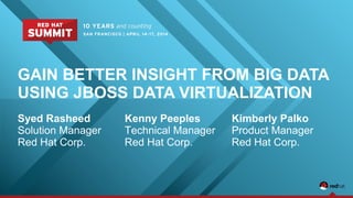 GAIN BETTER INSIGHT FROM BIG DATA
USING JBOSS DATA VIRTUALIZATION
Syed Rasheed
Solution Manager
Red Hat Corp.
Kenny Peeples
Technical Manager
Red Hat Corp.
Kimberly Palko
Product Manager
Red Hat Corp.
 