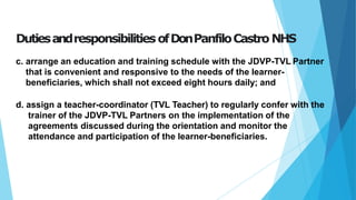 DutiesandresponsibilitiesofDonPanfiloCastro NHS
c. arrange an education and training schedule with the JDVP-TVL Partner
that is convenient and responsive to the needs of the learner-
beneficiaries, which shall not exceed eight hours daily; and
d. assign a teacher-coordinator (TVL Teacher) to regularly confer with the
trainer of the JDVP-TVL Partners on the implementation of the
agreements discussed during the orientation and monitor the
attendance and participation of the learner-beneficiaries.
 
