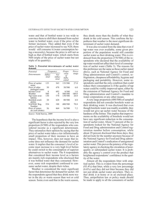 Table 3: Potential determinants of sachet water
demand.
Potential
Determinants
Frequency Propo-
rtion
of
Influ-
ential
Perce-
ntage
Influe-
ntial
Not
influe-
ntial
Price of sachet 135 365 135/500 27.0
water
Price of other 30 470 30/500 6.0
packaged water
Income Level 8 492 8/500 1.6
Weather 500 0 500/500 100.0
Tap water avai- 130 370 130/500 26.0
lability
Borehole avail- 20 420 80/500 4.0
ability
NAFDAC Reg 354 100 400/500 70.8
Number
Price of miner- 36 464 36/500 7.2
als (soft drinks)
Source: Field Survey, 2009
they drank more than the double of what they
drank in the cold season. This confirms the hy-
pothesis that weather is the most significant de-
terminant of sachet water demand.
It was also revealed from the data that even if
tap water was ever available, some given pro-
portion of the population would still consider
sachet water as their drinking water. This is evi-
denced from the proportion (370/500) of the re-
spondents who declared that the availability of
tap water would not affect their level of consump-
tion of sachet water (Table 3). The reasons for
this preference are the same as those earlier stated
above, such as National Agency for Food and
Drug administration and Control’s control, re-
frigeration, cheapness/affordability, hygiene and
packaging and portability. However, some re-
spondents said that the only condition that could
reduce their consumption is if the quality of tap
water could be visibly improved upon, either by
the extension of National Agency for Food and
Drug administration and Control’s mandate to
water corporations or any other means.
Avery large proportion (480/500) of sampled
respondents did not consider borehole water as
their drinking water. It was disclosed that even
though borehole water was readily available, they
would not give up sachet water because of the
hardness of the former.This implies that improve-
ments on the availability of borehole would not
have any significant reduction in the consump-
tion of sachet water. About 71 percent of the re-
spondents looked for the National Agency for
Food and Drug administration and Control reg-
istration number before consumption; while
about 29 percent disclosed that these days; they
did not look for the number anymore because of
the National Agency for Food and Drug admin-
istration and Control’s eradication of unregistered
sachet water.This proves the potency of the regu-
latory agency in checking the circulation of poor-
quality or substandard sachet water. It is prob-
ably the agency’s control over the product that
heightened respondents’ confidence in the qual-
ity of the water.
Almost all the respondents litter with emp-
tied sachet. This is evident from the percentage
(93.4%) that litter, while a very low percentage
(6.6%) said they did not litter because they did
not just drink sachet water anywhere. They ei-
ther drink it at home or in an enclosed place.
Thus, antipollution law or policy made should
be made to apply to all the consumers of sachet
EXTERNALITY EFFECTS OF SACHET WATER CONSUMPTION
water and that of bottled water is too wide to
convince them to shift their demand from sachet
water to bottled water, even if the price of the
former increases. They added that even if the
price of sachet water increased to say N20, there
would still consume it (water consumption be-
ing a necessity), because the price is still not as
high as that of bottled water, which starts from
N60 (triple of the price of sachet water but not
triple of its quantity).
The hypothesis that the income level is also a
significant factor is also rejected by the very low
proportion (8/500) of the respondents who con-
sidered income as a significant determinant.
They rationalize their opinion by saying that the
price of sachet water takes a too infinitesimally
small proportion of their incomes to have an
impact. This, however, does not mean that in-
come does not influence the demand for sachet
water. It implies that the consumer’s level of in-
come must increase to a very high level before
he could switch to the consumption of superior
alternatives to sachet water. The 8 respondents
that considered their income level as a factors
are mainly rich respondents who disclosed that
it was bottled water that they consumed. How-
ever, some rich respondents confessed to con-
sume sachet water, despite their riches.
Weather is considered the most significant
factor that determines the demand for sachet.All
the respondents agreed that they drink more wa-
ter in the dry or warm season than wet or cold
season. Some even said that in the warm season,
123
 