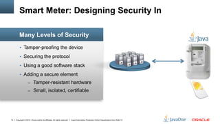 Copyright © 2012, Oracle and/or its affiliates. All rights reserved. Insert Information Protection Policy Classification from Slide 1314
 Tamper-proofing the device
 Securing the protocol
 Using a good software stack
 Adding a secure element
– Tamper-resistant hardware
– Small, isolated, certifiable
Many Levels of Security
Smart Meter: Designing Security In
 