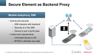 Copyright © 2012, Oracle and/or its affiliates. All rights reserved. Insert Information Protection Policy Classification from Slide 1319
 End-to-end security
– SIM interacts with backend
– Security is in the SIM
– Device is just a dumb pipe
 Limits trust requirements
– Untrusted device is OK
– BYOD is ultimate use case
Mobile telephony SIM
Secure Element as Backend Proxy

 