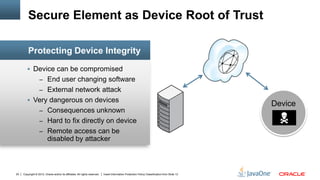 Copyright © 2012, Oracle and/or its affiliates. All rights reserved. Insert Information Protection Policy Classification from Slide 1320
 Device can be compromised
– End user changing software
– External network attack
 Very dangerous on devices
– Consequences unknown
– Hard to fix directly on device
– Remote access can be
disabled by attacker
Protecting Device Integrity
Secure Element as Device Root of Trust
Device

 