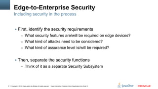 Copyright © 2012, Oracle and/or its affiliates. All rights reserved. Insert Information Protection Policy Classification from Slide 1327
Edge-to-Enterprise Security
 First, identify the security requirements
– What security features are/will be required on edge devices?
– What kind of attacks need to be considered?
– What kind of assurance level is/will be required?
 Then, separate the security functions
– Think of it as a separate Security Subsystem
Including security in the process
 