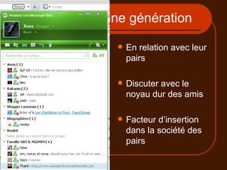 msn, l’intranet d’une génération En relation avec leur pairs Discuter avec le noyau dur des amis Facteur d’insertion dans la société des pairs 