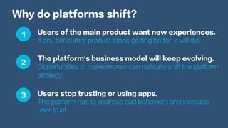Why do platforms shift?
Users of the main product want new experiences.
If any consumer product stops getting better, it will die.
The platform’s business model will keep evolving.
Opportunities to make money can radically shift the platform
strategy.
Users stop trusting or using apps.
The platform has to address bad behaviors and increase
user trust.
1
2
3
 