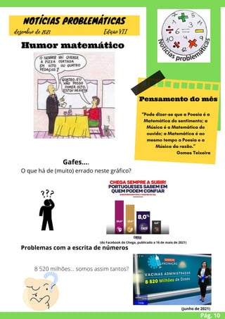 “Pode dizer-se que a Poesia é a
Matemática do sentimento; a
Música é a Matemática do
ouvido; a Matemática é ao
mesmo tempo a Poesia e a
Música da razão.”
Gomes Teixeira
Gafes….
O que há de (muito) errado neste gráfico?




Pág. 10
NOTÍCIAS PROBLEMÁTICAS


dezembro de 2021 Edição VII


Humor matemático


Pensamento do mês


(do Facebook do Chega, publicado a 16 de maio de 2021)


Problemas com a escrita de números






(junho de 2021)
8 520 milhões… somos assim tantos?
 
