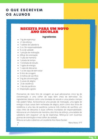 O QUE ESCREVEM
OS ALUNOS
Pág. 5
RECEITA PARA UM NOVO
ANO ESCOLAR


1 kg de esperança
2 l de esforço
1 tablete de sabedoria
2 co. De responsabilidade
½ co de vaidade
1 porção de motivação
200 gr de orientação
1 tubo de memória
1 pitada de tempo
1 tonelada de estudo
1 tigela de energia
1 copo de descanso
1 co de sopa de bem-estar
½ litro de coragem
3 molhos de sacrifício
5 kg de concentração
2 caixas de alegria
2l de resiliência
1 lata de paciência
Disposição a gosto
Mara Novo, 9.ºF


Ingredientes
Precisamos de meio litro de coragem ao qual adicionamos cinco kg de
concentração e uma colher de sopa bem cheia de bem-estar. Os
ingredientes básicos como uma tonelada de estudo e uma pitada e tempo
não podem faltas. Acrescenta-se uma porção de motivação, uma tigela de
energia e duas caixas bem recheadas de alegria, assim como dois litros de
resiliência e uma lata de paciência. Junta-se três molhos de sacrifício, um
copo cheio de descanso e duas colheres inundadas de responsabilidade.
Adiciona-se um cheíssimo de memória, dois litros de esforço, uma tablete de
sabedoria sem esquecer um kg de esperança. Reforça-se com duzentas
gramas de orientação e meia colher de vaidade.
Mistura-se tudo e obtemos um excelente Ano Novo Escolar.
 