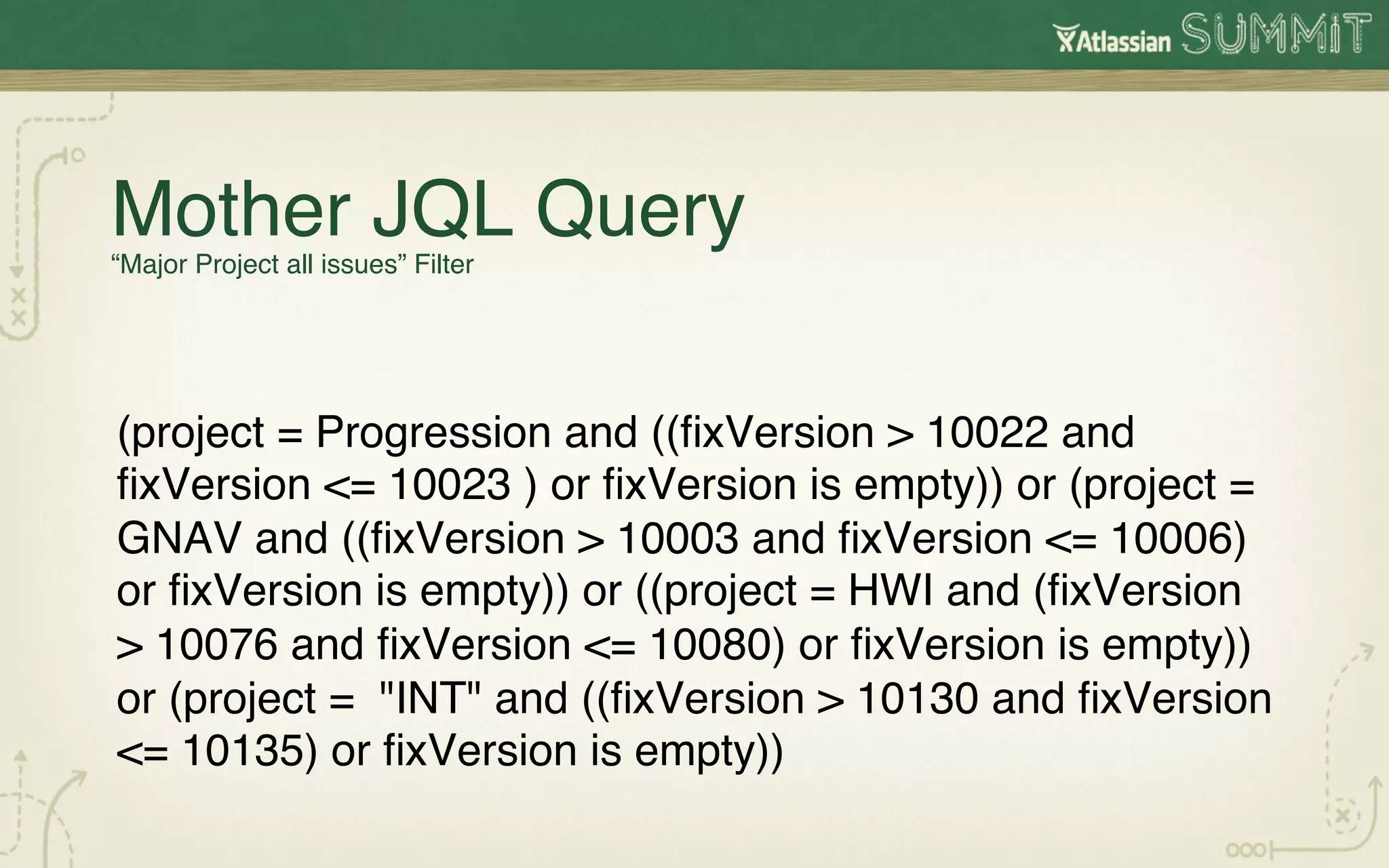 Mother JQL Query 
         !
“Major Project all issues” Filter




(project = Progression and ((ﬁxVersion > 10022 and
ﬁxVersion <= 10023 ) or ﬁxVersion is empty)) or (project =
GNAV and ((ﬁxVersion > 10003 and ﬁxVersion <= 10006)
or ﬁxVersion is empty)) or ((project = HWI and (ﬁxVersion
> 10076 and ﬁxVersion <= 10080) or ﬁxVersion is empty))
or (project = "INT" and ((ﬁxVersion > 10130 and ﬁxVersion
<= 10135) or ﬁxVersion is empty))!
 