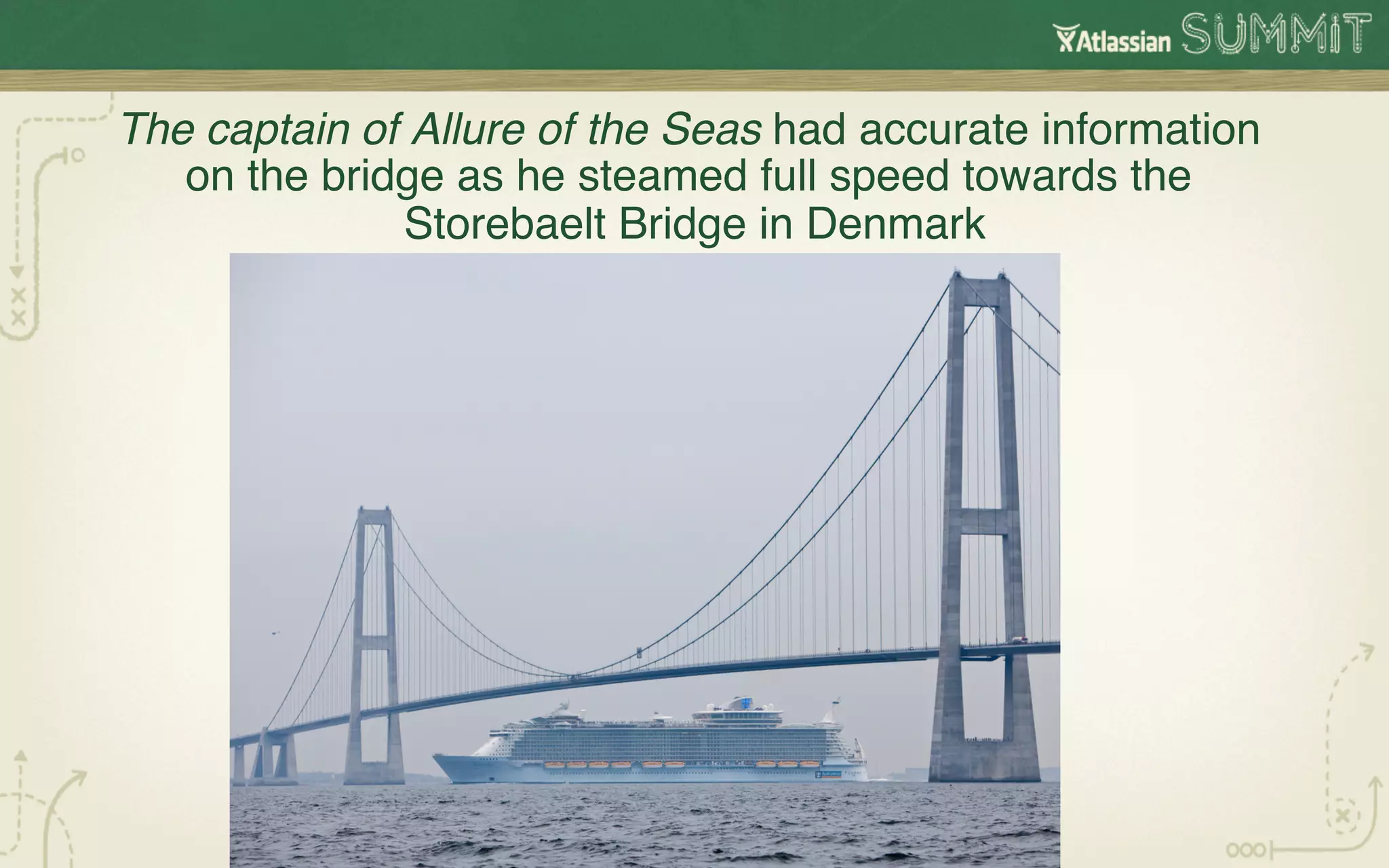 The captain of Allure of the Seas had accurate information
   on the bridge as he steamed full speed towards the
              Storebaelt Bridge in Denmark !
 