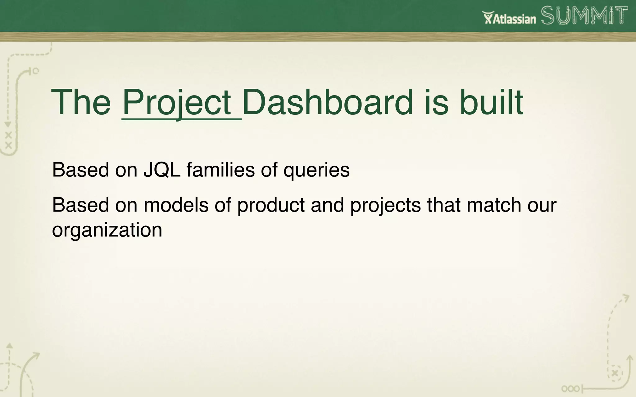 The Project Dashboard is built!
Based on JQL families of queries!
Based on models of product and projects that match our
organization!
 