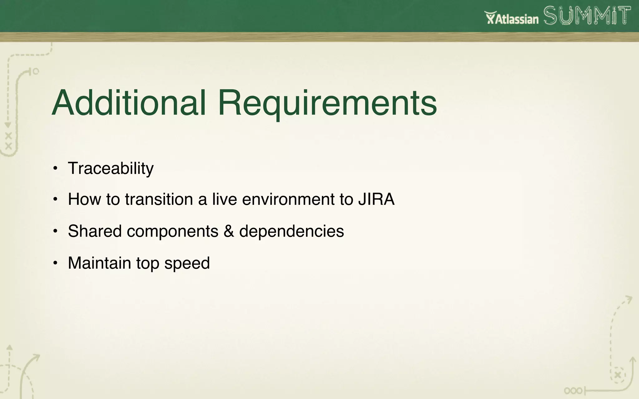 Additional Requirements!
•  Traceability!
•  How to transition a live environment to JIRA!
•  Shared components & dependencies!
•  Maintain top speed!
 