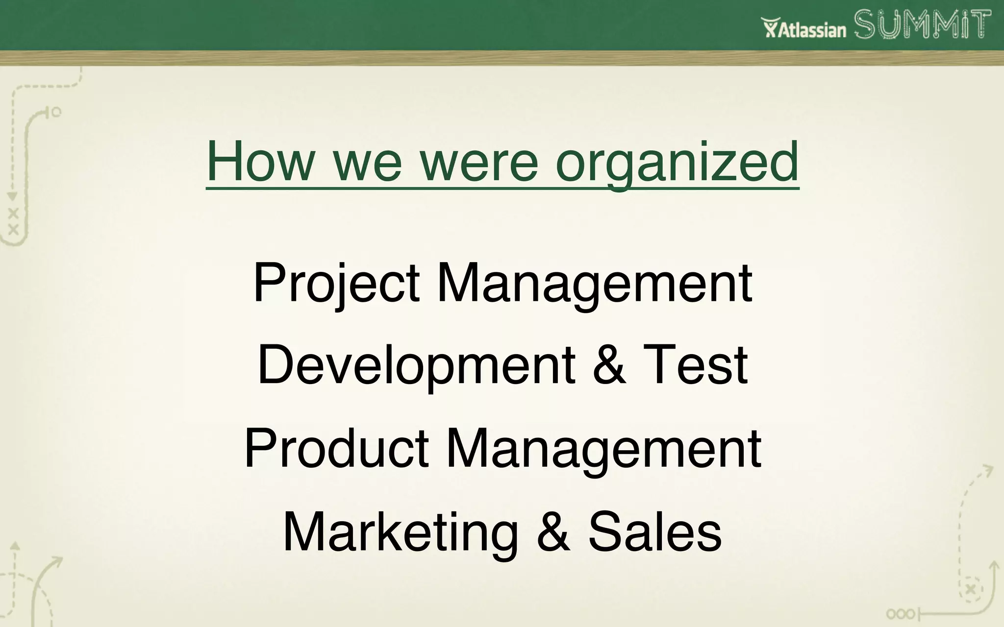 How we were organized!

 Project Management
                  !
 Development & Test
                  !
 Product Management
                  !
  Marketing & Sales
                  !
 
