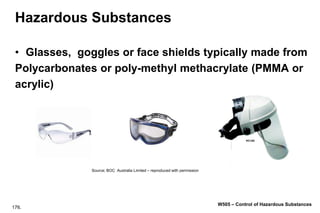 176.
W505 – Control of Hazardous Substances
Hazardous Substances
• Glasses, goggles or face shields typically made from
Polycarbonates or poly-methyl methacrylate (PMMA or
acrylic)
Source; BOC Australia Limited – reproduced with permission
 