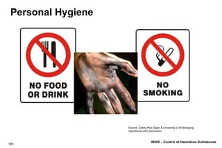 191.
W505 – Control of Hazardous Substances
Personal Hygiene
Source: Safety Plus Signs & University of Wollongong-
reproduced with permission
 