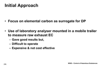 296.
W505 – Control of Hazardous Substances
Initial Approach
• Focus on elemental carbon as surrogate for DP
• Use of laboratory analyser mounted in a mobile trailer
to measure raw exhaust EC
– Gave good results but,
– Difficult to operate
– Expensive & not cost effective
 