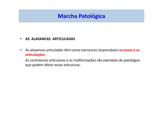 Marcha Patológica
• AS ALAVANCAS ARTICULADAS
• As alavancas articuladas têm como estruturas responsáveis os ossos e as
articulações.
As contraturas articulares e as malformações são exemplos de patologias
que podem afetar essas estruturas.
 