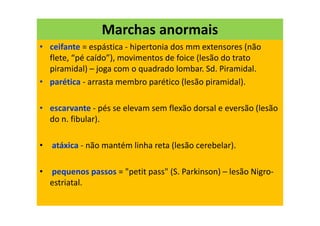 Marchas anormais
• ceifante = espástica - hipertonia dos mm extensores (não
flete, “pé caído”), movimentos de foice (lesão do trato
piramidal) – joga com o quadrado lombar. Sd. Piramidal.
• parética - arrasta membro parético (lesão piramidal).
• escarvante - pés se elevam sem flexão dorsal e eversão (lesão
do n. fibular).
• atáxica - não mantém linha reta (lesão cerebelar).
• pequenos passos = "petit pass" (S. Parkinson) – lesão Nigro-
estriatal.
 