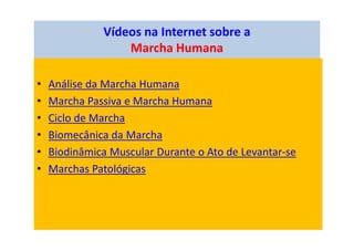 Vídeos na Internet sobre a
Marcha Humana
• Análise da Marcha Humana
• Marcha Passiva e Marcha Humana
• Ciclo de Marcha
• Biomecânica da Marcha
• Biodinâmica Muscular Durante o Ato de Levantar-se
• Marchas Patológicas
 