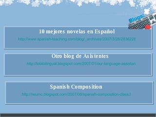 10 mejores novelas en Español http://www.spanish-teaching.com/blog/_archives/2007/3/28/2836228.html Otro blog de Asistentes  http://lolabilingual.blogspot.com/2007/01/our-language-assistants.html Spanish Composition http://iwumc.blogspot.com/2007/06/spanish-composition-class.html 